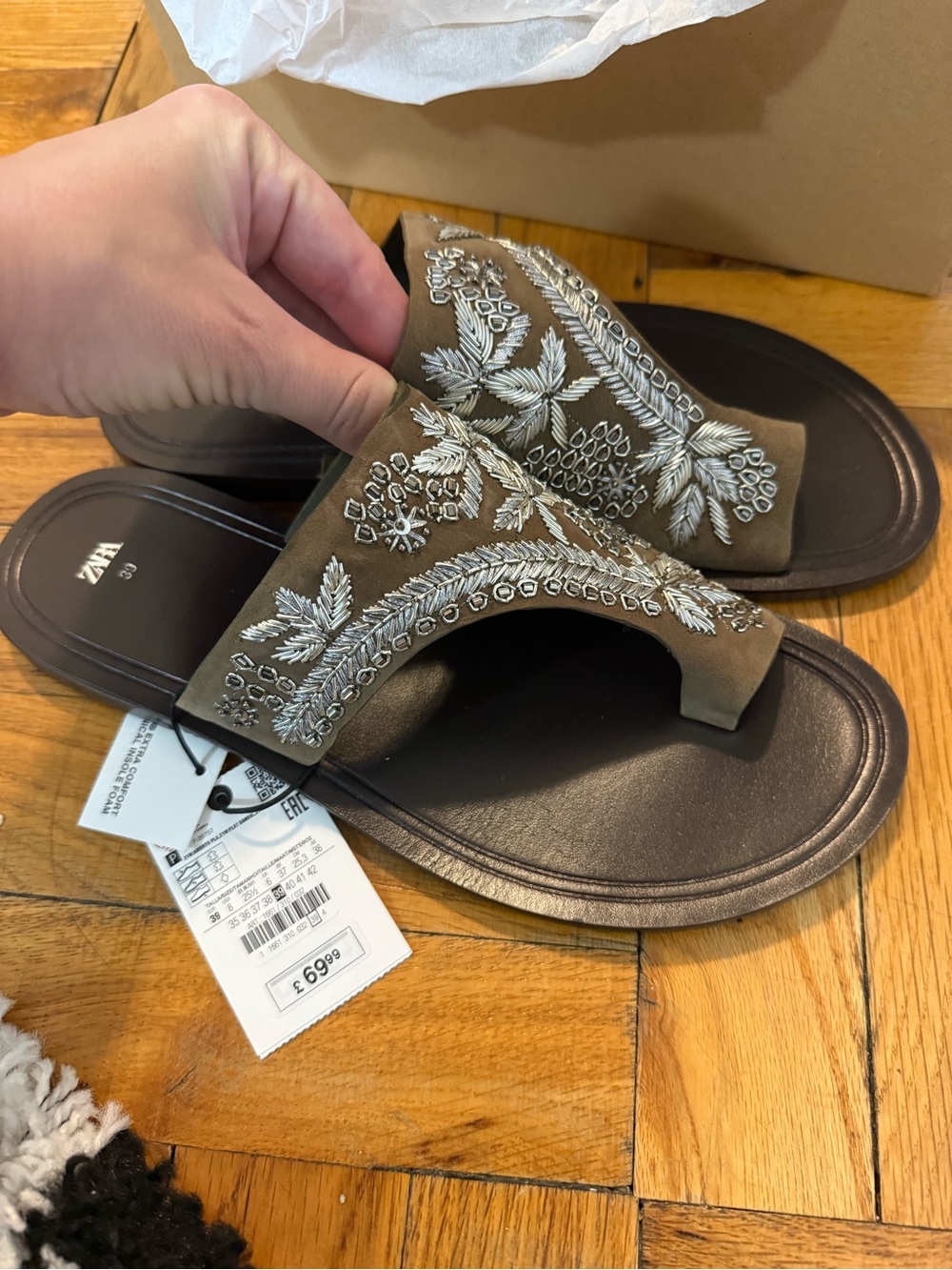Zara Olive Green Embroidered Slide Sandals with Silver Threading